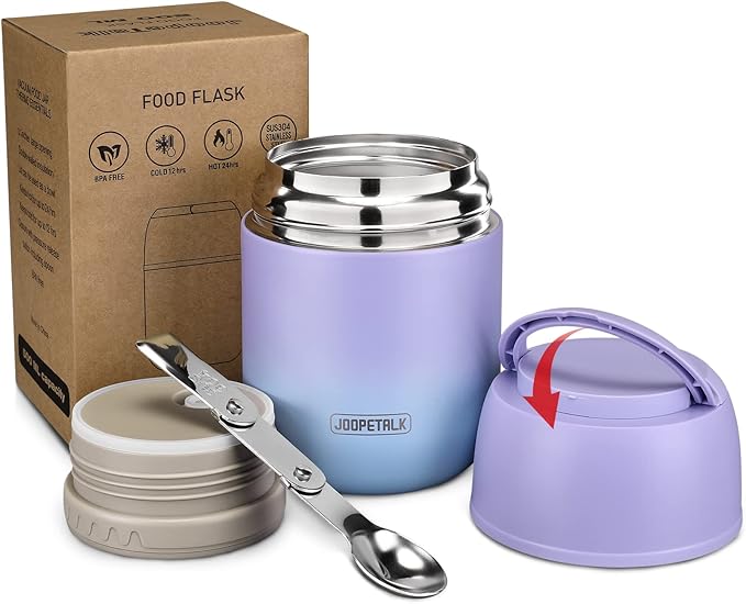 17 oz Insulated Lunch Containers Hot Food Jar, Wide Mouth Lunch Thermo for Hot Food Kids Adults, Vacuum Stainless Steel Thermo Lunch Box With Handle Folding Spoon for School, Office(Purple blue)