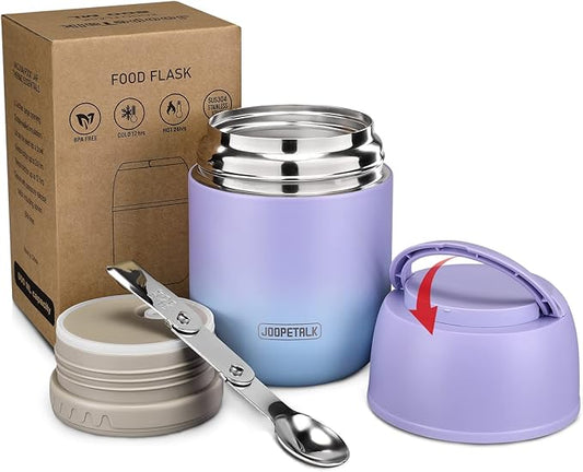 17 oz Insulated Lunch Containers Hot Food Jar, Wide Mouth Lunch Thermo for Hot Food Kids Adults, Vacuum Stainless Steel Thermo Lunch Box With Handle Folding Spoon for School, Office(Purple blue)