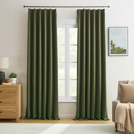 KEQIAOSUOCAI Dark Academia Olive Green Curtains Blackout with Pinch Pleat, 90 Inch Drapes 2 Panels Thermal Insulated Window Treatment Energy Saving Sound Reducing Draperies for Bedroom 40x90