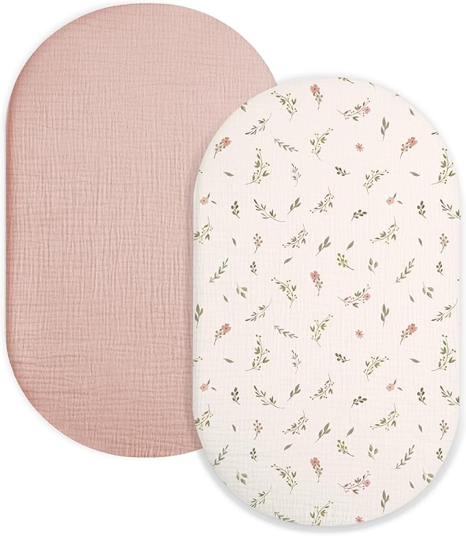 Bassinet Sheet for Baby Boy Girl 2 Pack, Fitted Sheets for Rectangle, Oval, Hourglass Bassinet Mattress, Muslin Moses Basket Sheets (Petal Leaf & Pink, Bassinet Sheet)