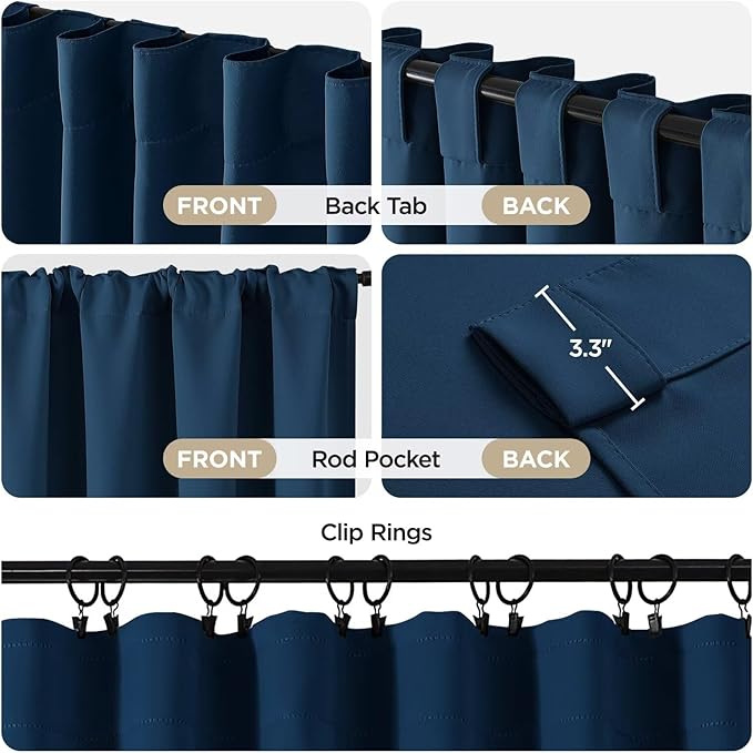 Joydeco Blackout Curtains 108 Inches Long, Thermal Insulated Black Out Curtains 2 Panels Set, Room Darkening Drapes for Living Room Window Rod Pocket Back Tab (W37 x L108 Inch, Navy Blue)