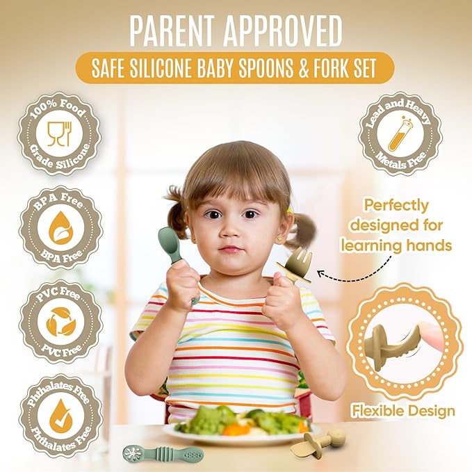 4pc Silicone Baby Spoons Self Feeding Baby Utensils 6-12 Months - 3 Baby Spoon - 1 Baby Fork - Toddler Cutlery Set - BPA Free, Dishwasher Safe - Baby Eating Essentials (Green/Yellow) - Small