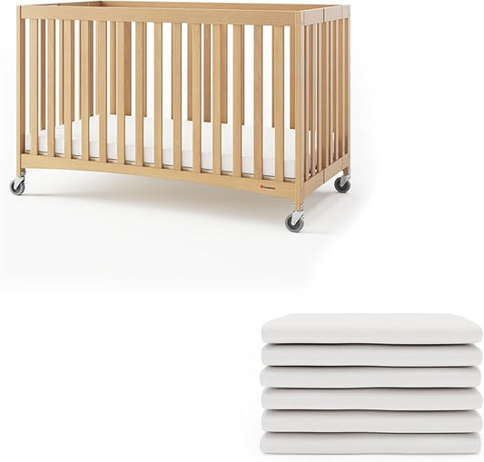Foundations Full Size Travel Sleeper Folding Hotel Crib and Sheet Bundle - Includes Wooden Portable Crib with 3" Foam Mattress (Natural) and 6-Pack White Fitted Full Size Sheets