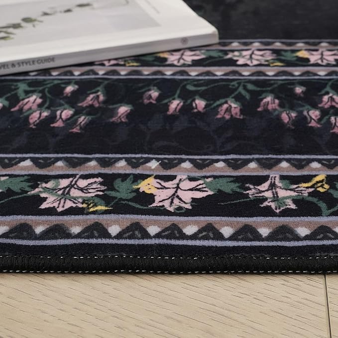 2x6 Runner Rug Impressionist-Style Vintage Kitchen Rugs Non Slip Washable Soft Carpet Runner for Kitchen Laundry Bedroom Bathroom, Black