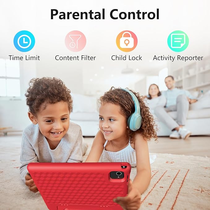 JREN Tablet for Kids｜10 Inch Kids Tablet Android 14｜Octa-core｜64GB｜WiFi ｜Bluetooth｜Parental Control｜Children Content｜Children Toddler Red