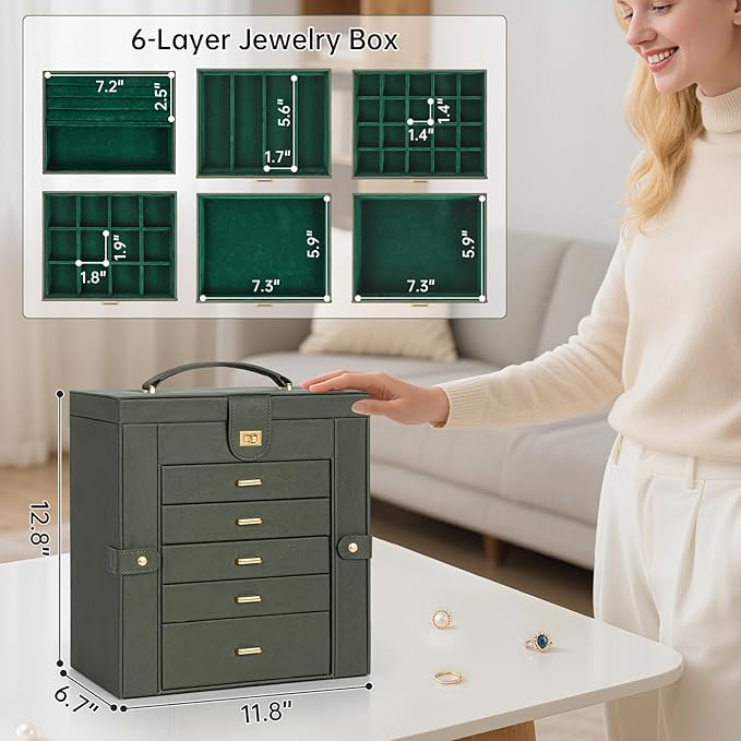 AKOZLIN Huge Jewelry Box Organizer Functional Large Leather Jewelry Storage Case for Women Girls Ring Necklace Earring Bracelet Holder Organizer with Mirror