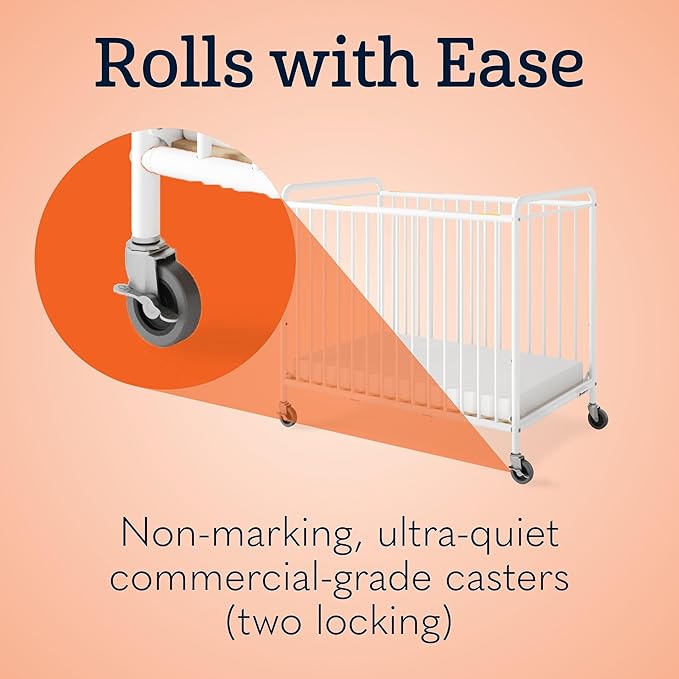 Foundations Chelsea Slatted Metal Compact Daycare Crib, 3" Casters, Compact Mini Size, Easy to Clean Durable Finish, Adjustable to Two Heights Mattress Board (White)