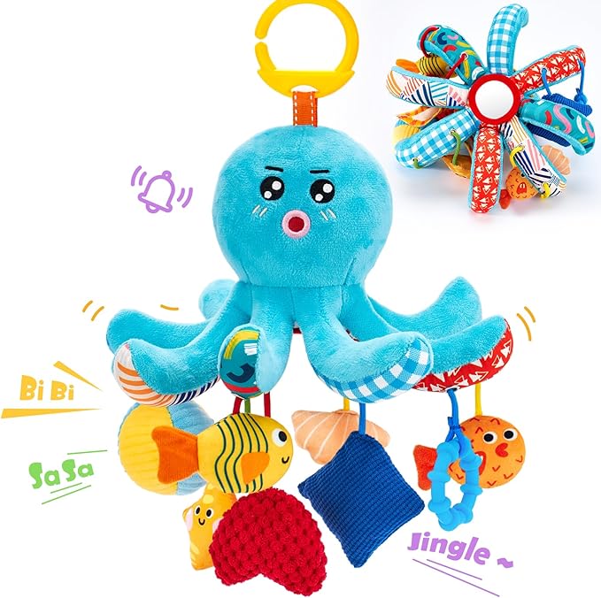 hahaland Baby Toys 0-6 Months - Car Seat Toys Octopus Toy with Pulling Cords, Squeaky, Crinkle, Rattle, Mirror, Montessori Newborn Sensory 4 Month Babies Gift Stroller Carseat Hanging Toy for Baby Gym