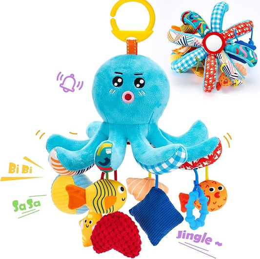 hahaland Baby Toys 0-6 Months - Car Seat Toys Octopus Toy with Pulling Cords, Squeaky, Crinkle, Rattle, Mirror, Montessori Newborn Sensory 4 Month Babies Gift Stroller Carseat Hanging Toy for Baby Gym