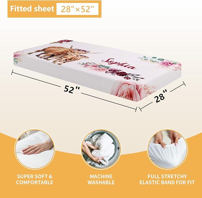 Custom Baby Crib Bedding Set, 5 Pcs Personalized Name Baby Crib Sets for Infant Toddler, Purple Highland Cow Nursery Bedding Set for Baby Girls, Double Layer Baby Bedding Sets Customized Gifts