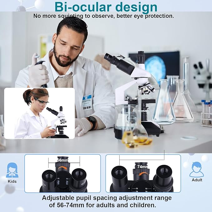 Compound Trinocular Microscope 40X-5000X Magnification, Research Grade Professional Microscope, Two Levels of Mechanical Stage LED Illumination, USB Video Camera with Microscope for Adults