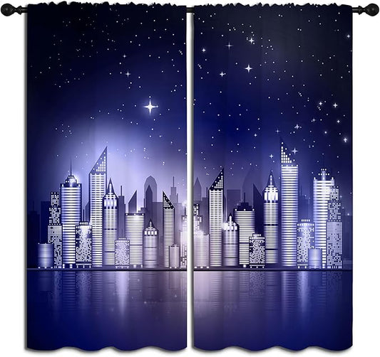 City Rod Pocket Blackout Curtains for Boy Girl Bedroom, New York Skyline Modern City Starry Sky Night View Home Energy Efficient Light Filtering Window Curtain for Living Room, 84x63 inch