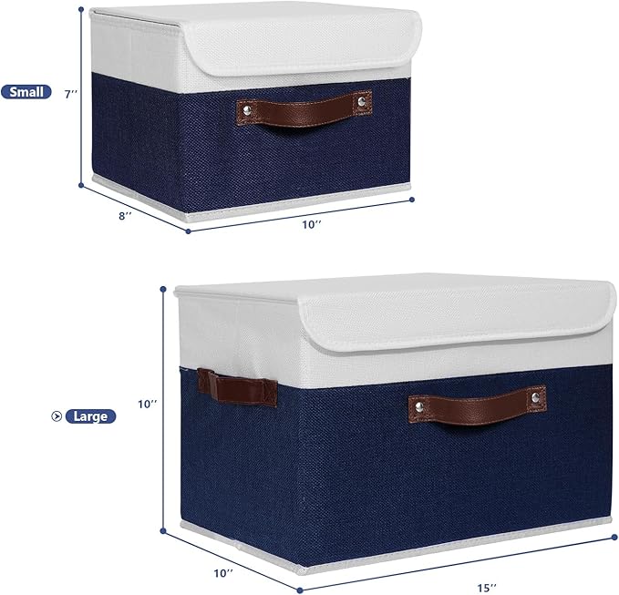 ANMINY Storage Boxes with Lids Washable Decorative Storage Bins Basket with PU Leather Handle Foldable Linen Fabric Storage Cubes Containers for Home Closet Organizer - Deep Blue White, Large Size