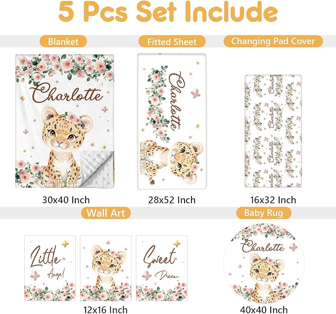 Custom Baby Crib Bedding Set, 5 Pcs Personalized Name Baby Crib Sets for Infant Toddler, Floral Leopard Nursery Bedding Set for Baby Girls, Double Layer Baby Bedding Sets Customized Gifts