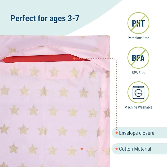 Wildkin Kids Nap Mat Cover for Boys & Girls, Sewn-in Flap Design Rest Mat Cover, Perfect for Preschool & Daycare, Fits our Vinyl Nap Mat up to 1.5 Inches Including Basic Sleep Mat(Pink and Gold Stars)