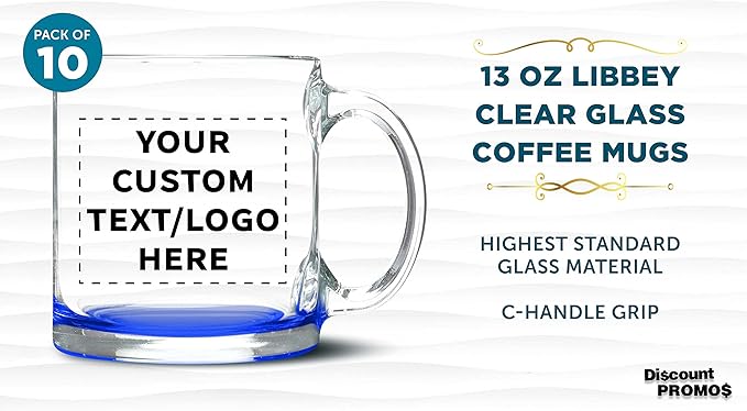 Custom Libbey Clear Glass Coffee Mugs 13 oz. Set of 10, Personalized Bulk Pack - Perfect for Coffee, Tea, Espresso, Hot Cocoa, Other Beverages - Blue Bottom