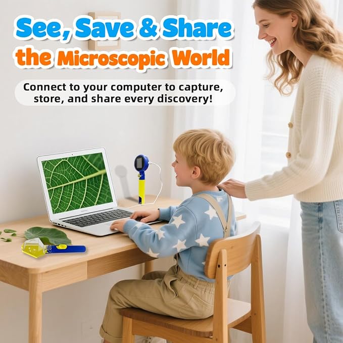 Kids Microscope with Bug Catcher Kit, 1080P Digital Mini Handheld Microscope STEM Science Toy with LED Light, Rechargeable, Portable, Supports 64GB TF Card, Educational Gift for Kids Ages 3-12 (Blue)