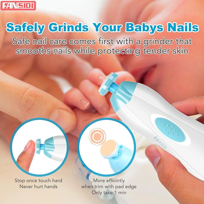 Baby Nail Clippers, FANSIDI Safe Baby Nail Trimmer Baby Nail File Electric with 10 Filing Pads 8 Sandpapers for Newborn Infant Toddler or Adult Toes Fingernails Care - AA Battery Operated (White/Blue)