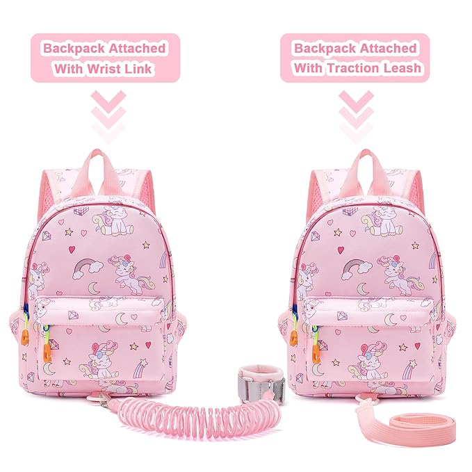 Accmor Toddler Backpack Leash with Anti Lost Wrist Link, Cute Mini Child Walking Harnesses Keep Kids Close Back Pack Rope Tether Rein for Baby Boys (Pink/Unicorn)