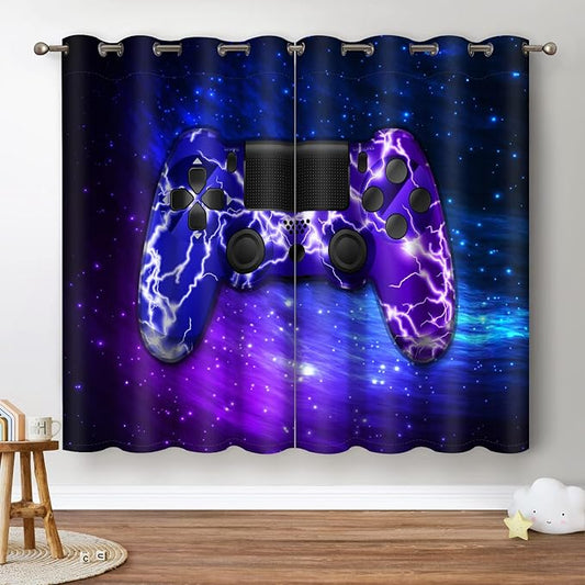 Jekeno Gamer Gaming Gamepad Blackout Curtains Kids Boys Teens Bedroom Purple Blue Video Game Controller Decor Home Living Room Darkening Grommet Window Drapes 2 Panel Set, 42"x63"