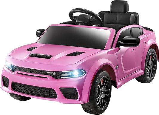 12V 7Ah Kids Electric Ride on Car, Licensed Dodge Charger SRT Hellcat, Battery Powered 4-Wheels Toy Car Electric Vehicle for Kids with Remote Control, 3 Speeds, LED Lights, Music (Pink)