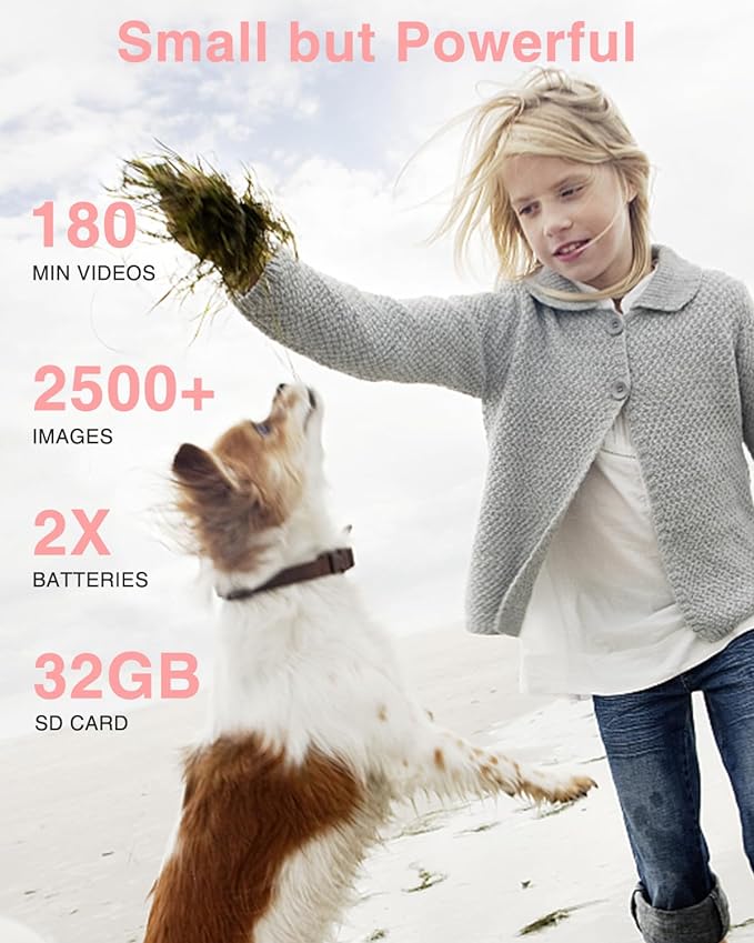 Digital Camera, FHD 1080P Point and Shoot Kids Camera, with 32GB Card, 2 Batteries, 16X Zoom Anti Shake Date Stamp, Compact Portable Small, for Starter Kid Children Teen Student Girl Boy(Pink)