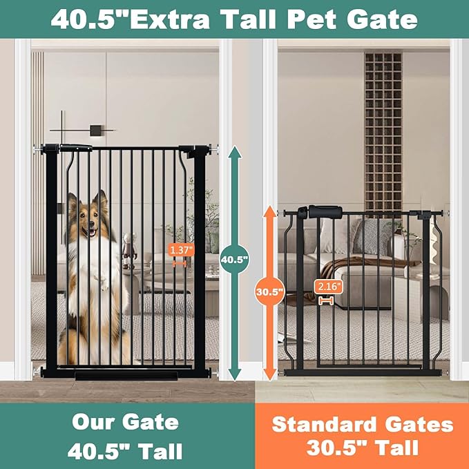 40.5" Extra Tall Baby Gate for Doorways, 40.6"-49.1" Extra Wide Pet Gate No Drill, 1.37" Narrow Space Puppy Dog Barrier Indoor, Metal Safety Child Gate for Stairs Hallway Black