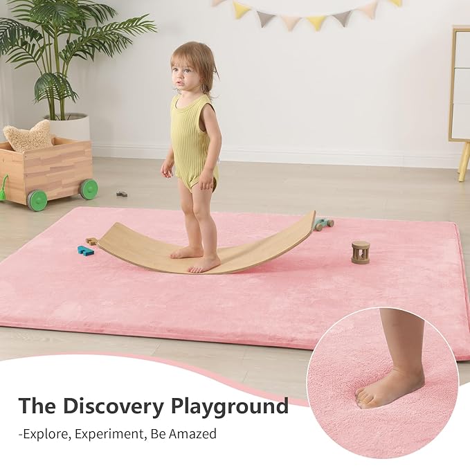 Baby Play Mat for Floor,1.3" Thick Elasti-Foam 50"×74" Playpen Mat for Tummy Time,Water Repellent Soft Coral Velvet for Toddler,Infant,Kids,Non-Slip Backing Safe for Crawling(Pink)