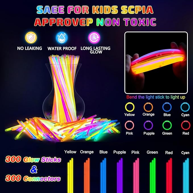 300 Pcs Glow Sticks Bulk Party Pack, 8'' Glow in the Dark Party Supplies, Glow in the Dark Light Up Sticks with Connectors, Party Favors for Birthday, Concert, Raves, Halloween, Christmas