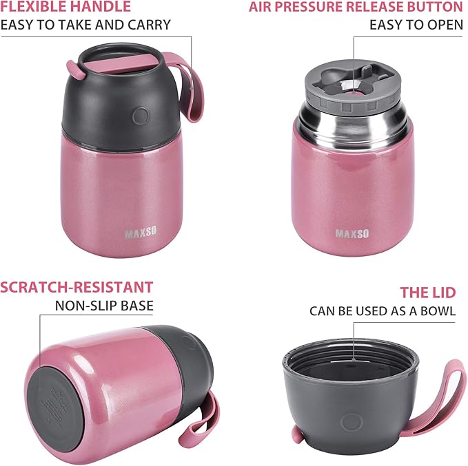 Insulated Food Jar for Hot & Cold Food for Kids Adult,17 oz Soup Thermo Hot Food Containers for Lunch, Triple Layer Insulation Stainless Steel Food Jar with Spoon (Pink)