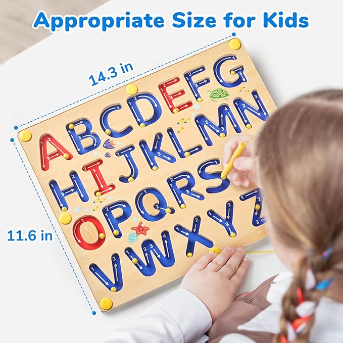 JoyCat Magnetic Letter Tracing Board, Wooden Alphabet Tracing Board for Toddlers ABC Magnets Letter Writing Practice, Magnetic Maze Preschool Learning Educational Toys for Kids 3-5