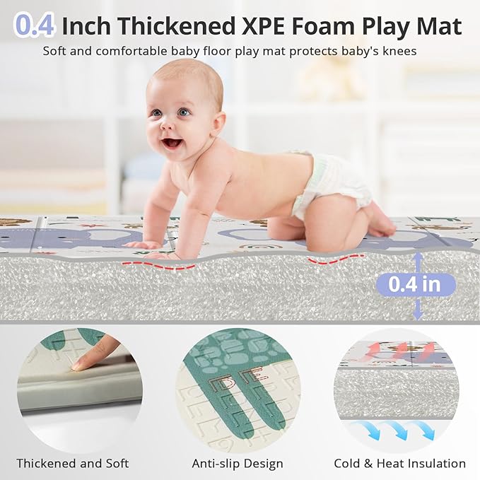 79x71 Foldable Baby Play Mat for Floor, Extra Large Non-Toxic Tummy Time and Crawling Playmat, Thick Foam Play Mat for Baby, Reversible Portable Babies Floor Mats for Infant, Toddler