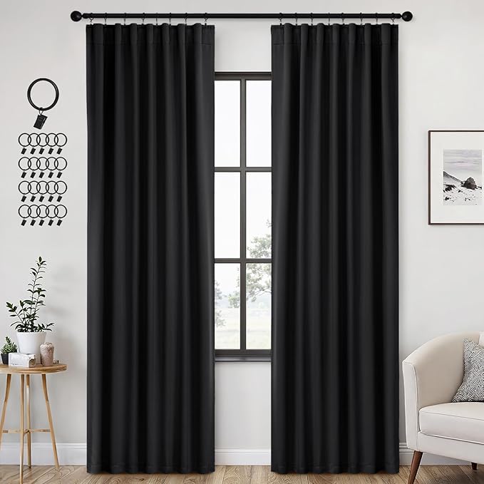 ANRODUO Back Tab Blackout Curtains for Bedroom Living Room, Rod Pocket Pinch Pleated Thermal Insulated Room Darkening Curtains 92 Inches Long 2 Panels, Black, 42 x 92 Inch
