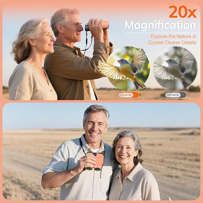 Compact Binoculars for Adults High Powered - OPAITA 20x32 Small Binoculars for Adults Kids with Low Light Vision for Hunting Cruise Ship Travel Concert Hiking Orange
