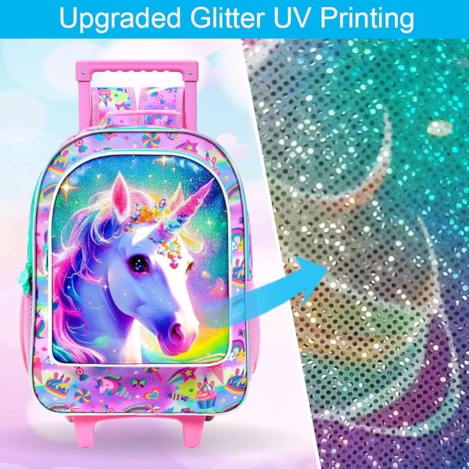 gxtvo Girls Rolling Backpack, Cute Unicorn Roller Wheels Kids Bookbag - Wheeled Elementary School Bag - 3PCS Unicorn