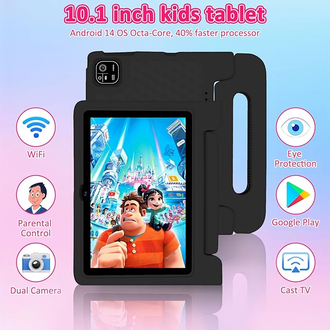 Kids Tablet, 10.1 inch IPS HD Touchscreen Android 14 64 GB Storage, 8GB RAM, Octa Core Tablet for Kid with Kid-Proof Case, Parental Controls, 12-hr Battery, WiFi, GPS – Black