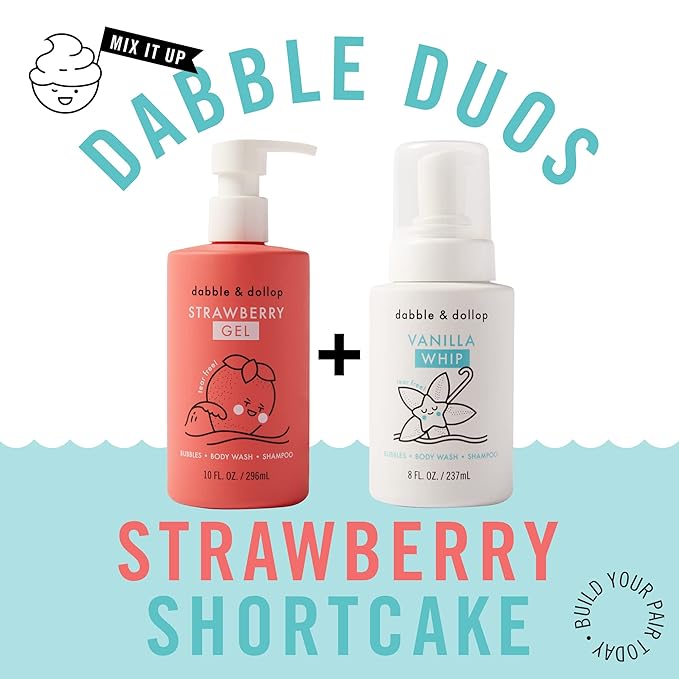 Dabble & Dollop Strawberry + Vanilla Body Wash & Shampoo – 3-in-1 Natural Bubble Bath for Kids, Made in USA, No Parabens or Sulfates, Vegan, Gluten-Free, Tear-Free (2-Pack)
