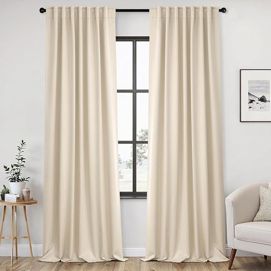 ANRODUO Back Tab Blackout Curtains for Bedroom Living Room, Rod Pocket Pinch Pleated Thermal Insulated Room Darkening Curtains 108 Inches Long 2 Panels, Cream Beige, 52 x 108 Inch