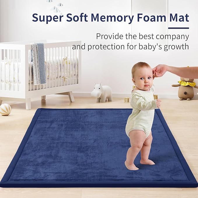 ACOMOPACK Baby Play Mat for Floor 1.3" Thick Memory Foam Play Mat 71"×79" Tummy Time Crawling with Non-Slip Bottom for Living Room,Nursery,Soft Velvet Playpen Mats for Kids,Infants（Royal Blue）