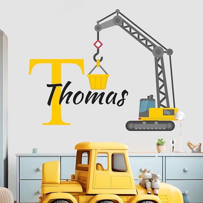 Custom Toddler Construction Crane Wall Decal I Personalized Name & Initial I Nursery Wall Decal for Toddler Room Decorations I Wall Sticker for Bedroom Wide 42"x35" Height (Shown) (Large)