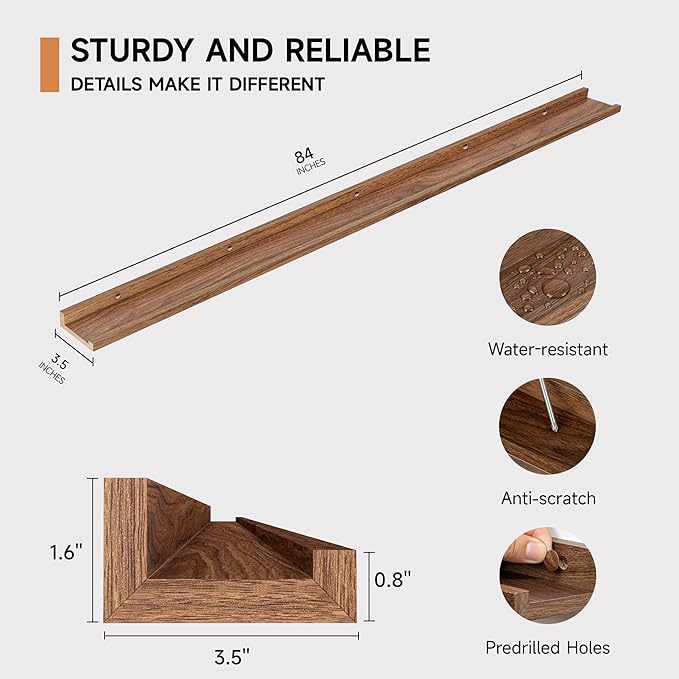 Floating Picture Ledge Shelves for Wall Set of 2, 84 Inches Picture Ledge Shelf with Long Large Nursery Book Shelf for Toys Storage Kids Bookshelf Wall Mounted Living Room Bedroom Decor Frames, Walnut