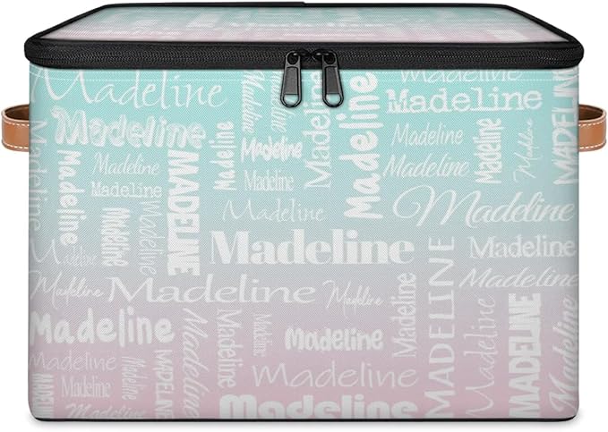 Custom Storage Basket with Name, Personalized Storage Bins with Zipper Lid, Foldable Fabric Storage Box Large capacity with Handle Green Pink