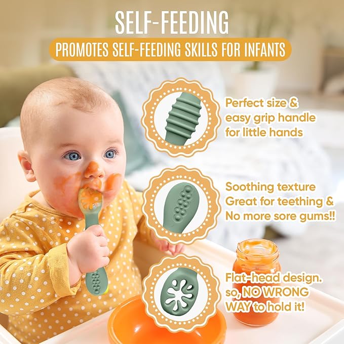 4pc Silicone Baby Spoons Self Feeding Baby Utensils 6-12 Months - 3 Baby Spoon - 1 Baby Fork - Toddler Cutlery Set - BPA Free, Dishwasher Safe - Baby Eating Essentials (Green/Yellow) - Small