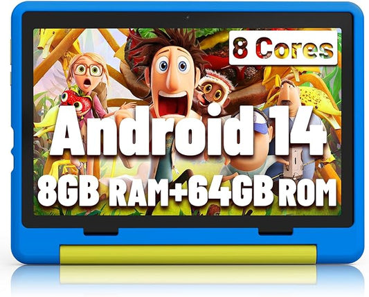Kids Tablet｜Upgraded Android 14 Tablet 10 inch for Kids with Protective Case｜Octa-Core｜64GB｜1TB TF Card Expandable｜Dual Camera｜Parental Control｜Great Gift for Toddler(Blue)