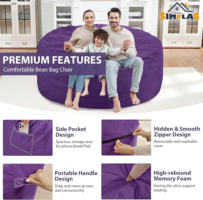 5FT Bean Bag Chair, Large Bean Bag Chairs with Memory Foam Filled, Fluffy Beanbag Sofa with Dutch Velvet Cover, Round BeanBag Chairs for Living Room, Playroom - Purple