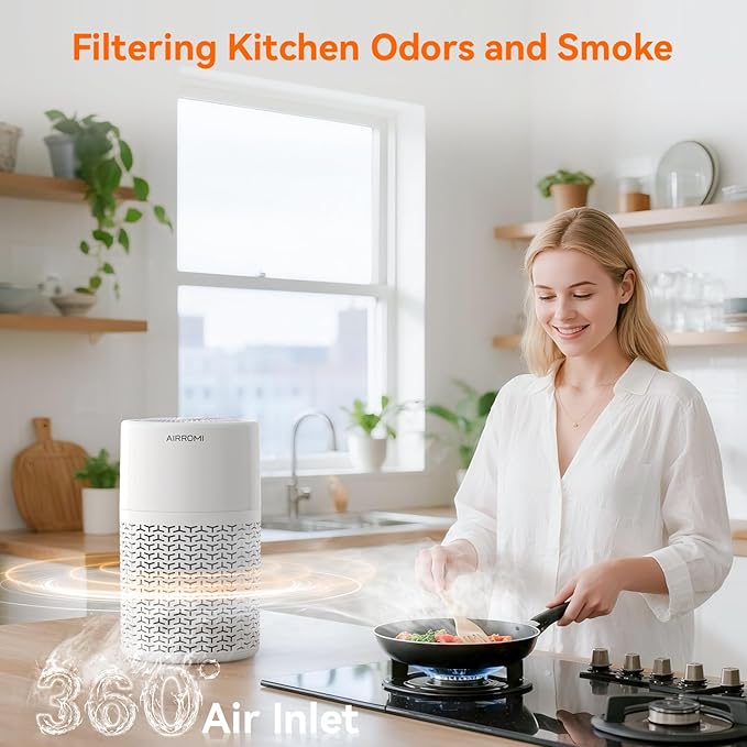 AIRROMI Pets Air Purifier for Home Allergies,Up to 660 ft².Yellow Deodorizing Activated Carbon Filter,With Fragrance Sponge for Better Sleep,Night Light,Pet Dander,Smoke,Odors,Air Cleaner A2002 White