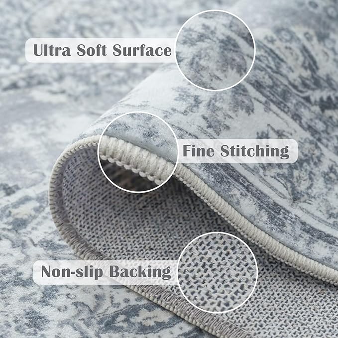 jinchan Runner Rug 2x5 Washable Hallway Runner- Vintage Floral Non Slip Low-Pile Soft Thin Kitchen Rug Distressed Carpet for Farmhouse Bedroom Entryway Laundry Room(2x5ft,Grey)