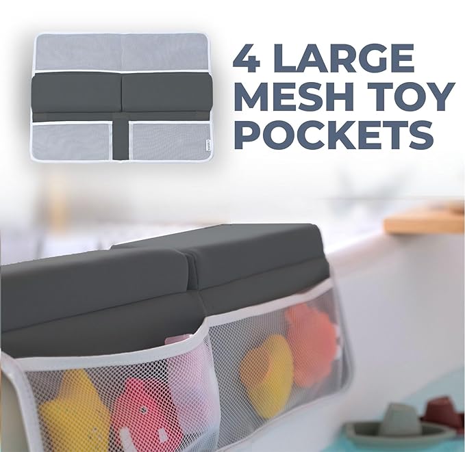 Comfortable Baby Bath Kneeler and Elbow Rest Pad Set – Thick Memory Foam Bath Kneeling Pad with Elbow Support – Baby Bathtub Cushion with Toy Organizer for Bathing Infant or Toddler - Dark Grey