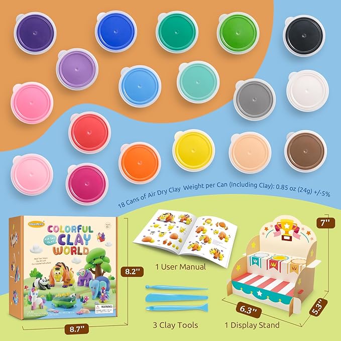 Drama Planet Air Dry Clay Kit for Kids - Comes with Instructional Guide Featuring 4 Scenes & 26 Projects Tutorials, 18 Cans of Modeling Clay, Includes Display Stand, Gift for Girls and Boys