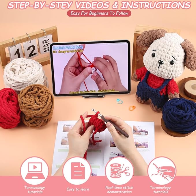 Crochet Animal Kit – 10in Adorable DOG, Amigurumi Crochet Kit For Intermediate Advanced Level, Kids Knitting Kit With Detailed Videos Tutorials, Yarn, Crochet Hook, Best Gift For Crochet Lovers(DOG)
